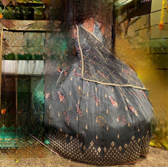 Designer Mehendi Green Printed Lahenga set - Picture 4 of 4